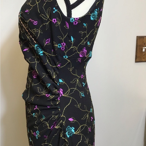 Vintage 90s Nicole Miller Floral Midi Embroidered Lace V-Neck Black Dress Size 8 - Picture 8 of 16